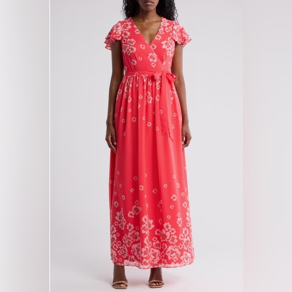 Eliza J Floral Flutter Sleeve Faux Wrap Maxi Dress - Picture 1 of 6